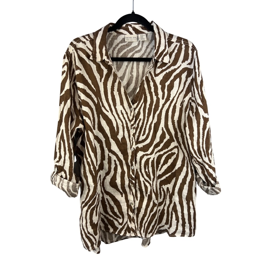 Rachel Zoe 100% Linen Zebra Print Relaxed Fit Button Front Tunic SzXL Lagenlook